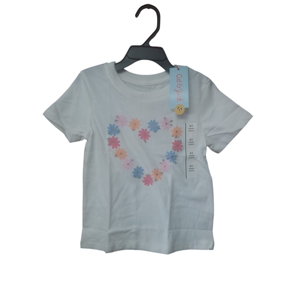 NWT Cat & Jack Girls Toddler Size 4T White‎ T-shirt Multicolor Flowers In Heart